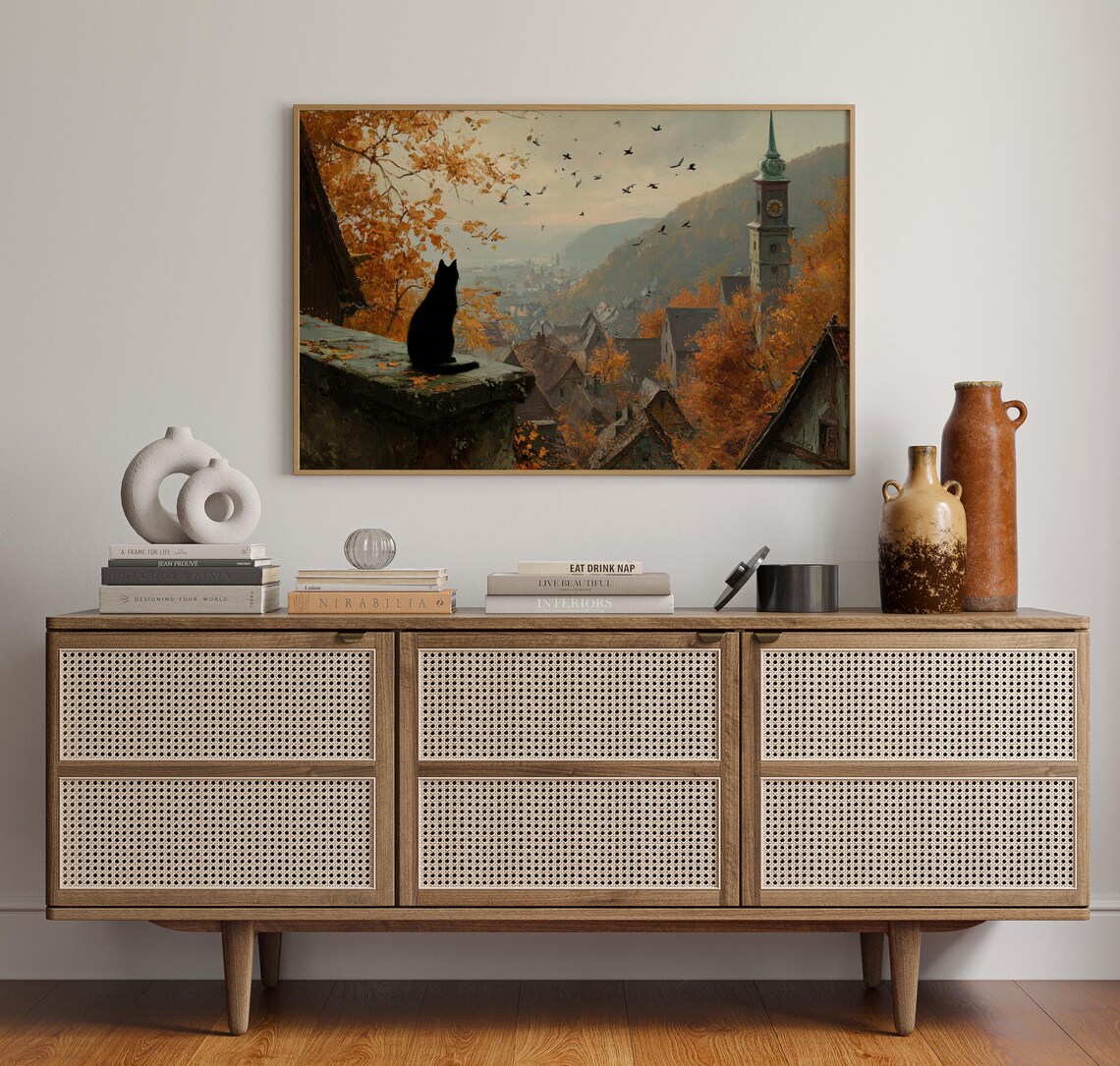 Autumn Black Cat Canvas Wall Art Watching Birds Over Village Rooftops And Clocktower With Fall Leaves Cozy Rustic Halloween Decor
