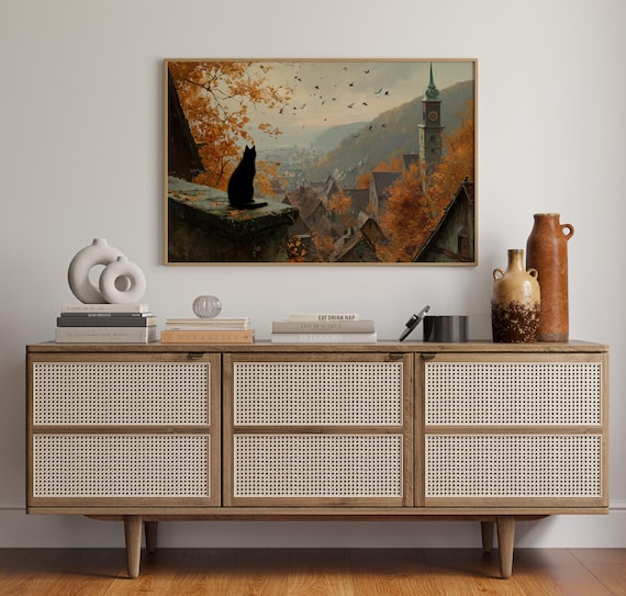 Autumn Black Cat Canvas Wall Art Watching Birds Over Village Rooftops And Clocktower With Fall Leaves Cozy Rustic Halloween Decor