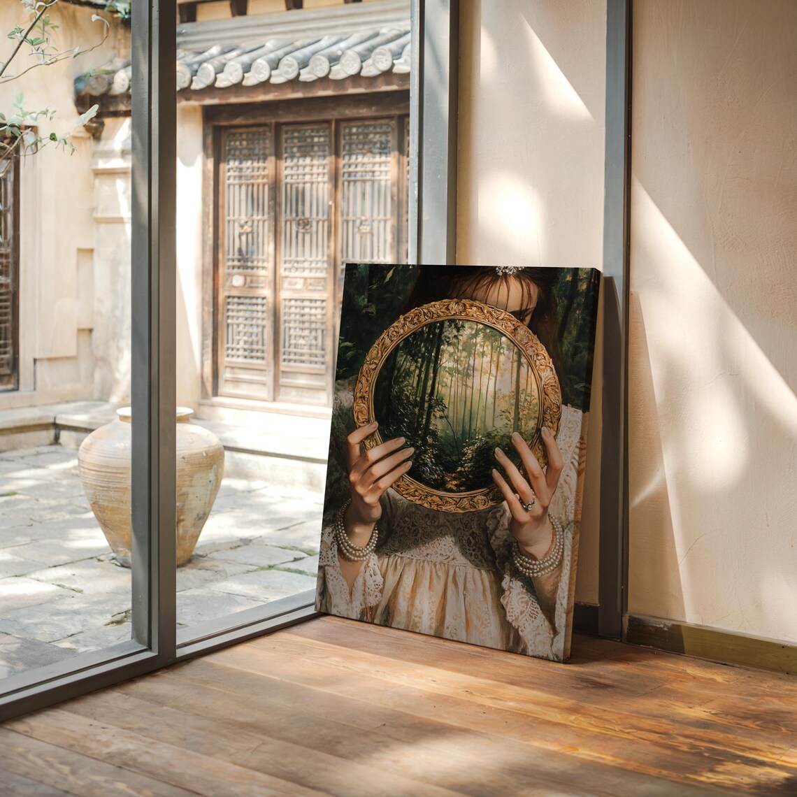 Woman Holding Ornate Gold Mirror Reflecting Sunlit Forest Poster - Image 7