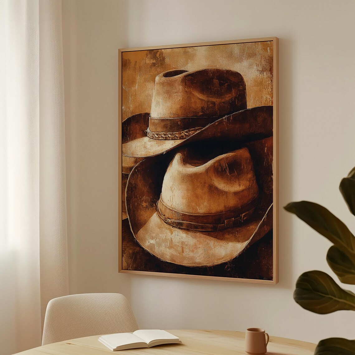 Two Stacked Antique Cowboy Hats Warm Rustic Oil Painting Poster