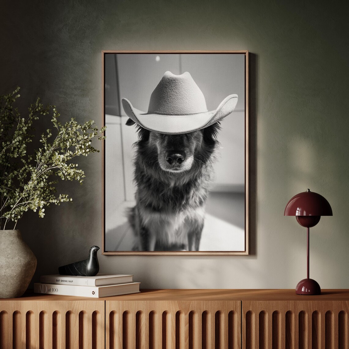 Shaggy Dog in Cowboy Hat Over Eyes Western Pet Portrait Poster