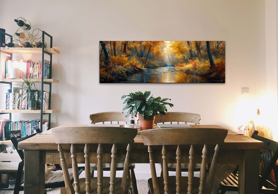 Panoramic Autumn Forest Stream Golden Light Fall Painting Poster - Image 6