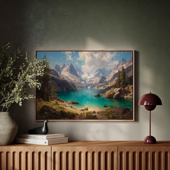 Majestic Mountain Lake Canvas Wall Art Turquoise Waters Snowy Peaks Nature Landscape Painting For Cabin Lodge Or Home Dcor