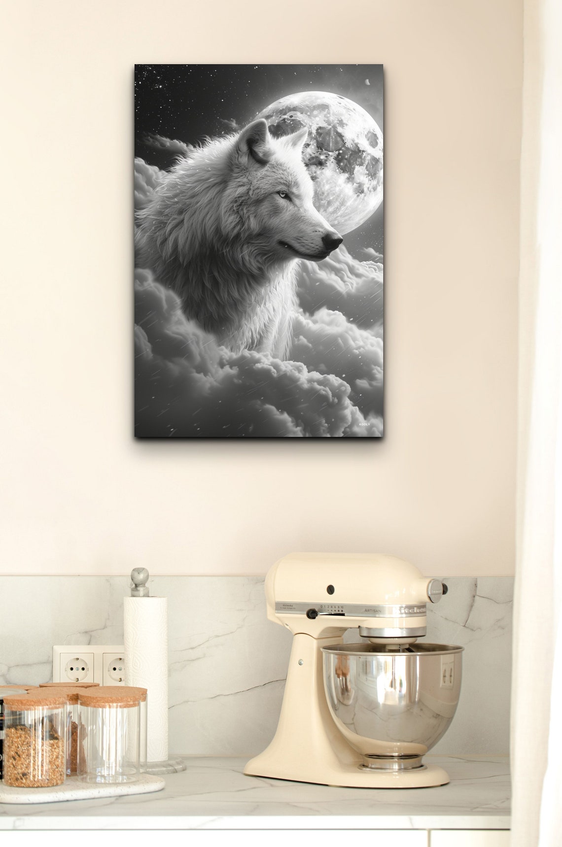 White Wolf Full Moon Night Sky Black White Wild Animal Poster - Image 7