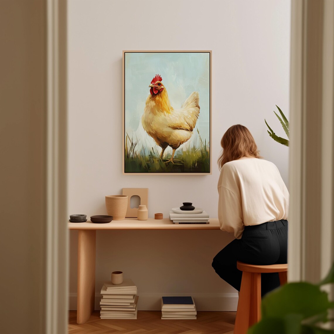 White Rooster with Red Comb in Field Folk Art Painting Poster - Image 4