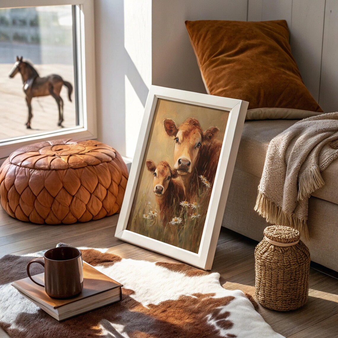 Cow and Calf In Wildflower Meadow Warm Rustic Farmhouse Art Poster