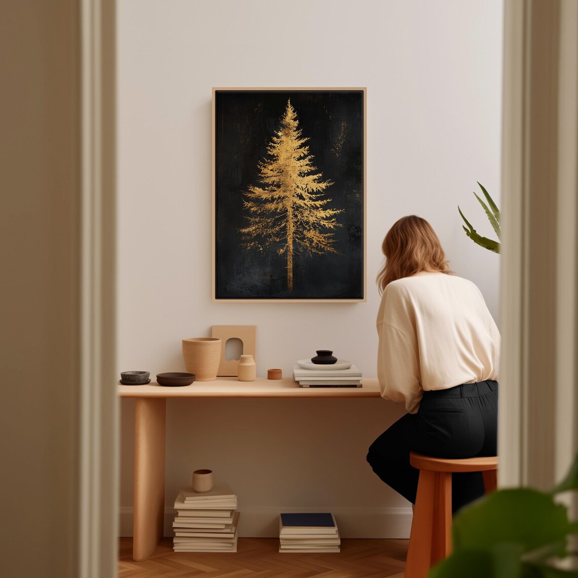 Elegant Golden Pine Tree Art Minimalist Forest Wall Decor Black And Gold Nature Inspired Artwork For Modern Interiors - Image 2