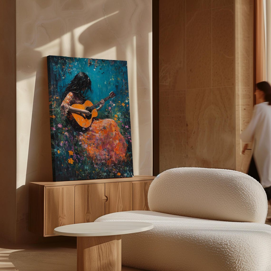 Woman Playing Guitar In Colorful Flower Field Bohemian Oil Painting Wall Art With Textured Brush Strokes And Vibrant Nature Scene - Image 5
