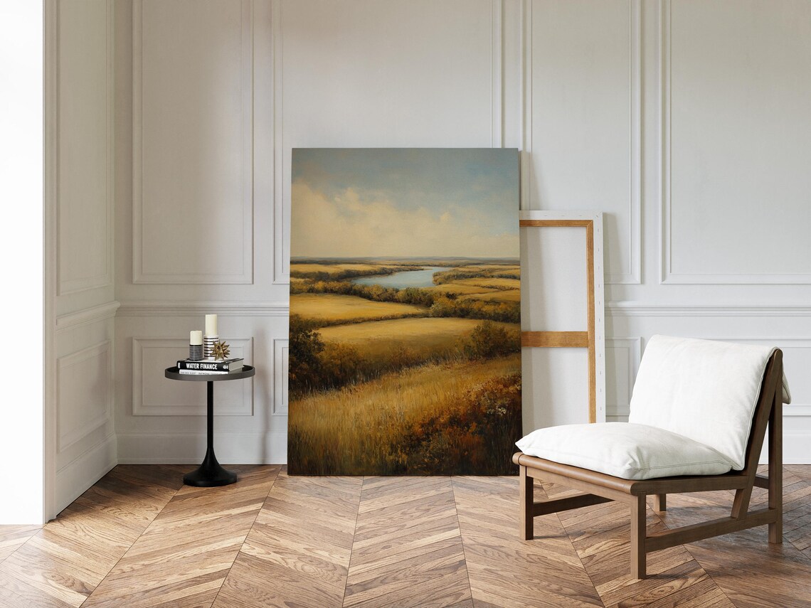 Golden Prairie River Landscape, Vintage Oil Painting - Image 5