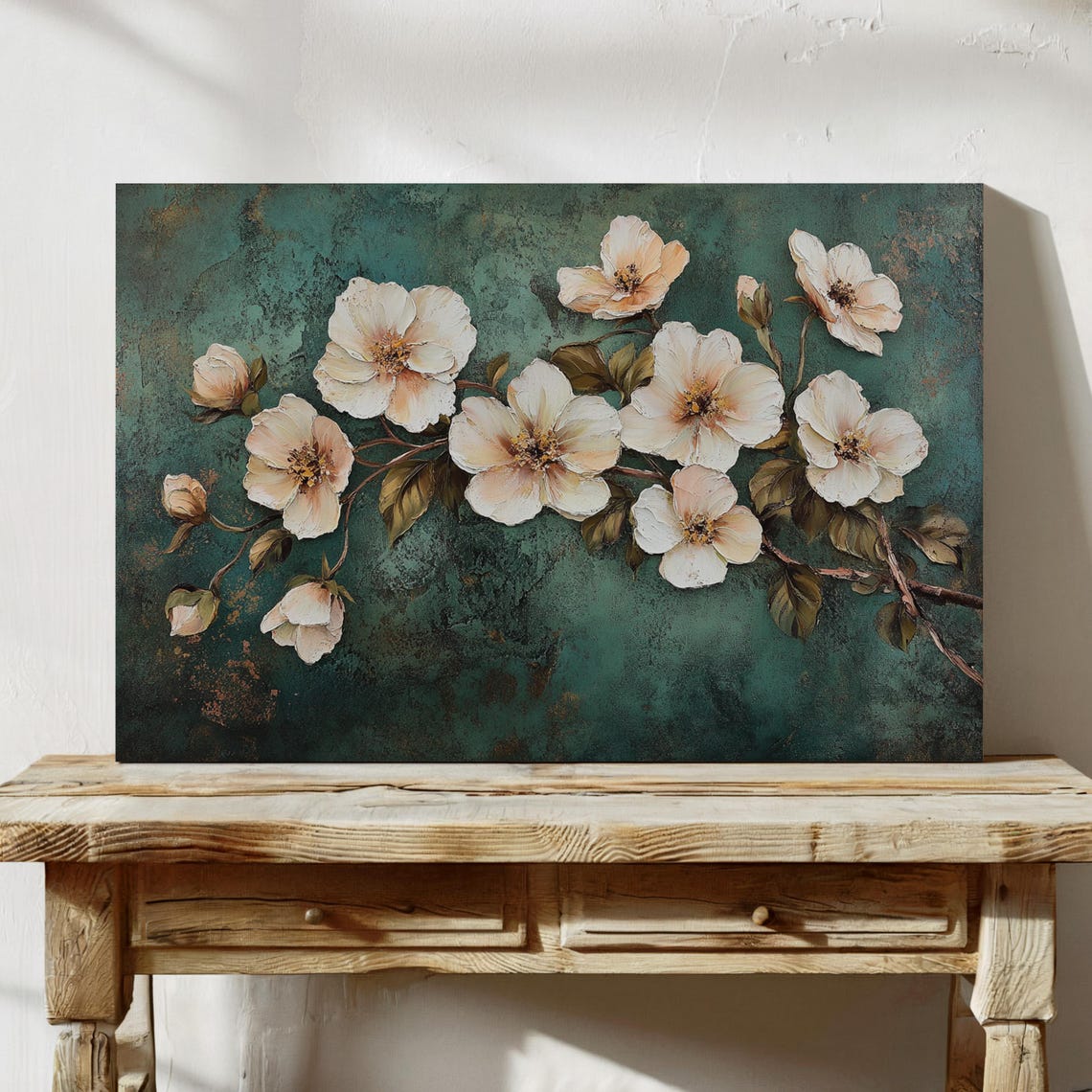 White Blossoms Teal Background Elegant Floral Botanical Wall Art - Image 7