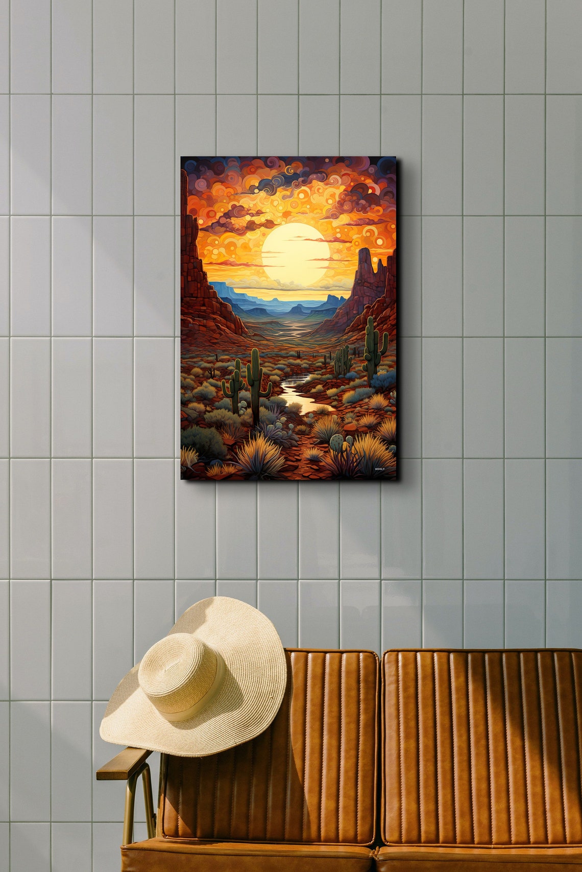 Desert Canyon Sunset With Saguaros Swirling Sky Landscape Poster - Image 4