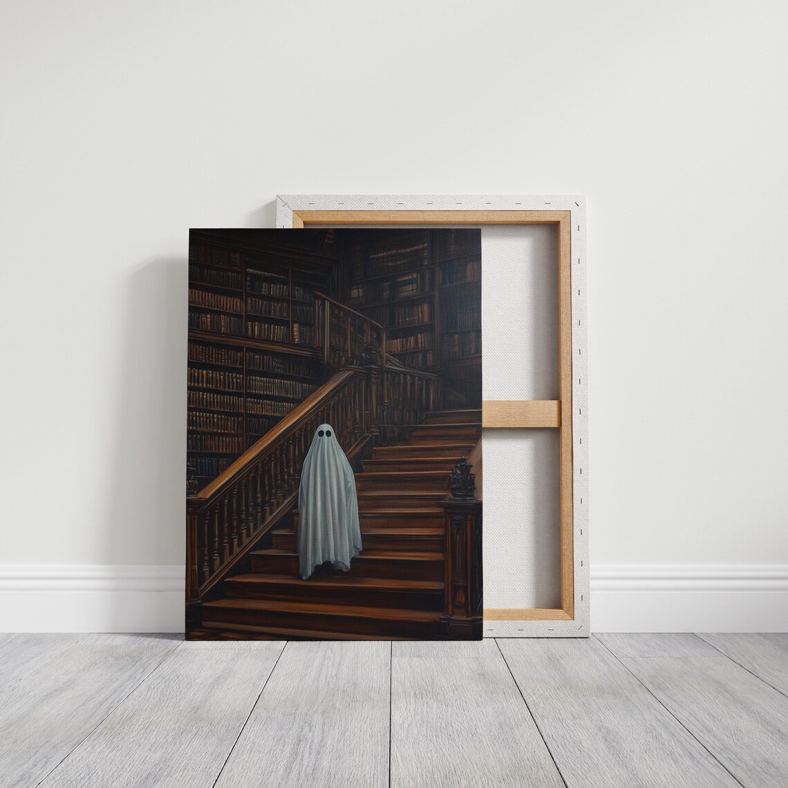 Vintage Haunted Library Ghost On Staircase Art Print - Image 5