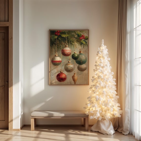 Vintage Christmas Ornaments Hanging From Holly Branch Decor Poster