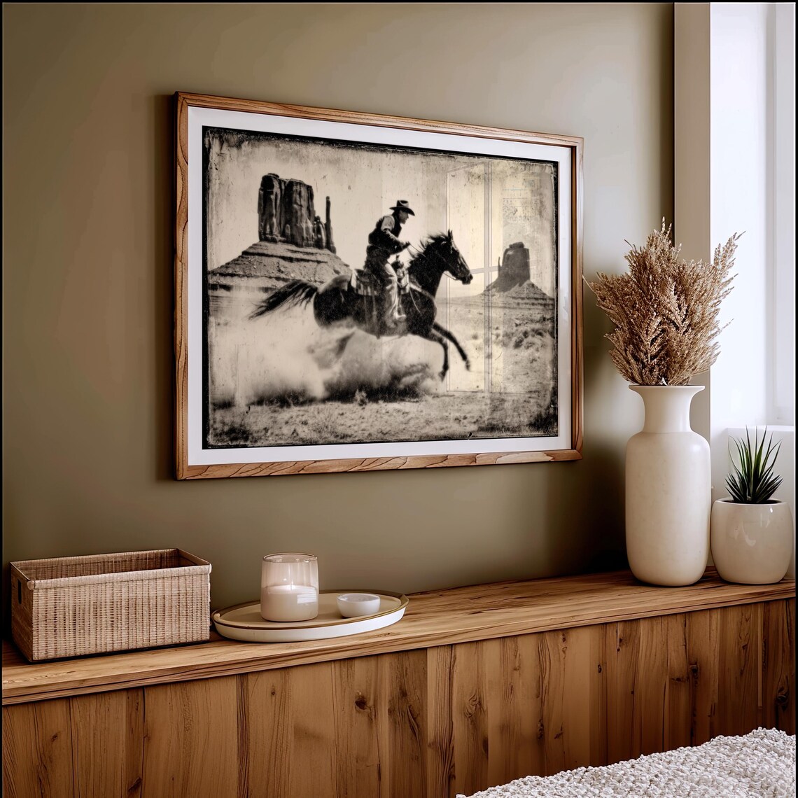 Cowboy Galloping Horse Monument Valley Vintage Photo Poster Art