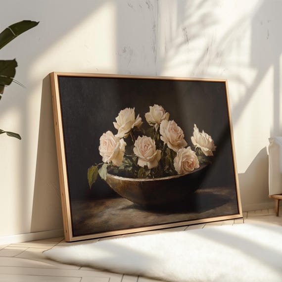Vintage Floral Still Life Canvas Romantic Rose Painting Dark Moody Flower Wall Art Classic Botanical Decor Elegant Home