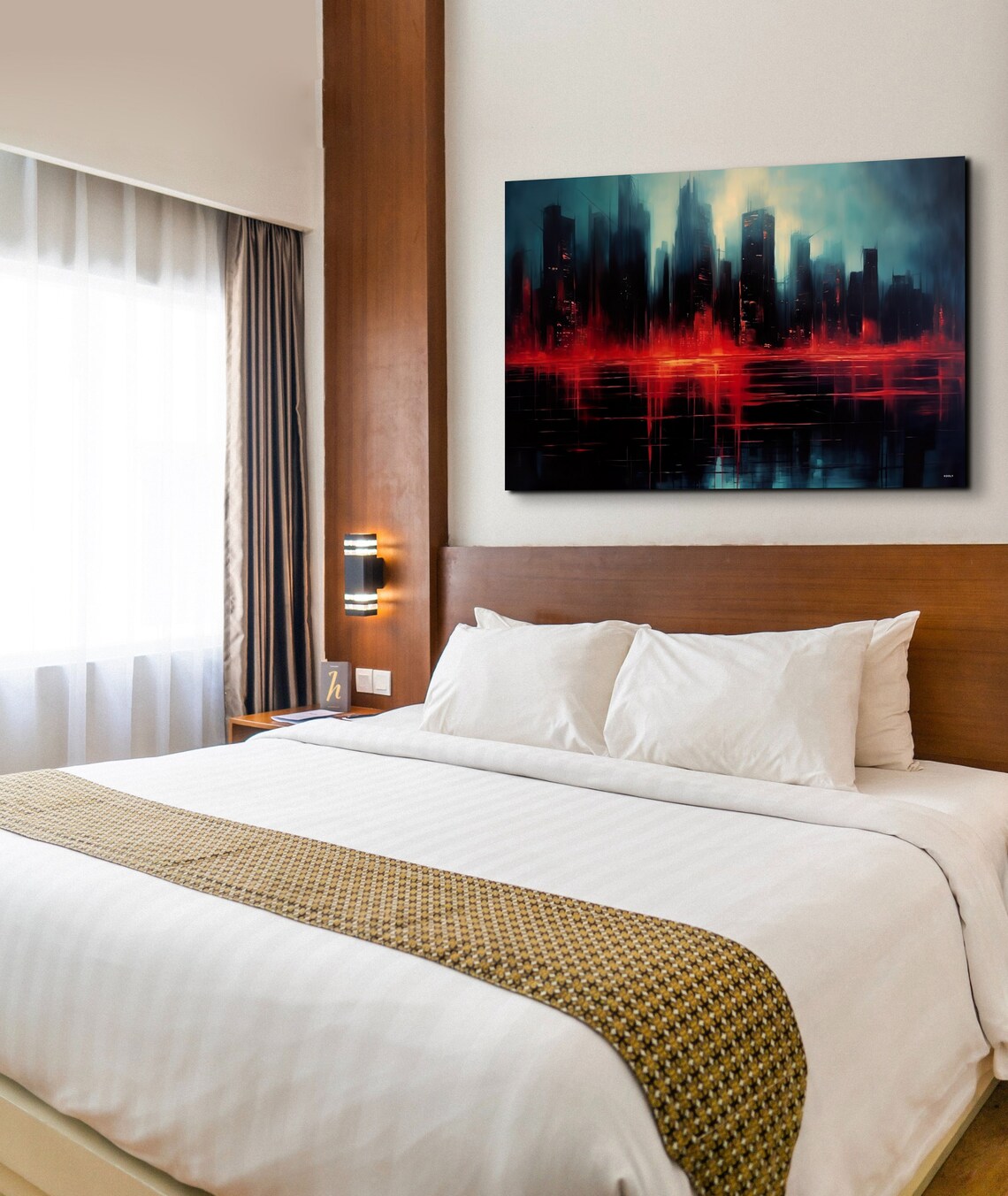 Abstract City Skyline At Night In Red And Teal Oil Style Poster - Image 3