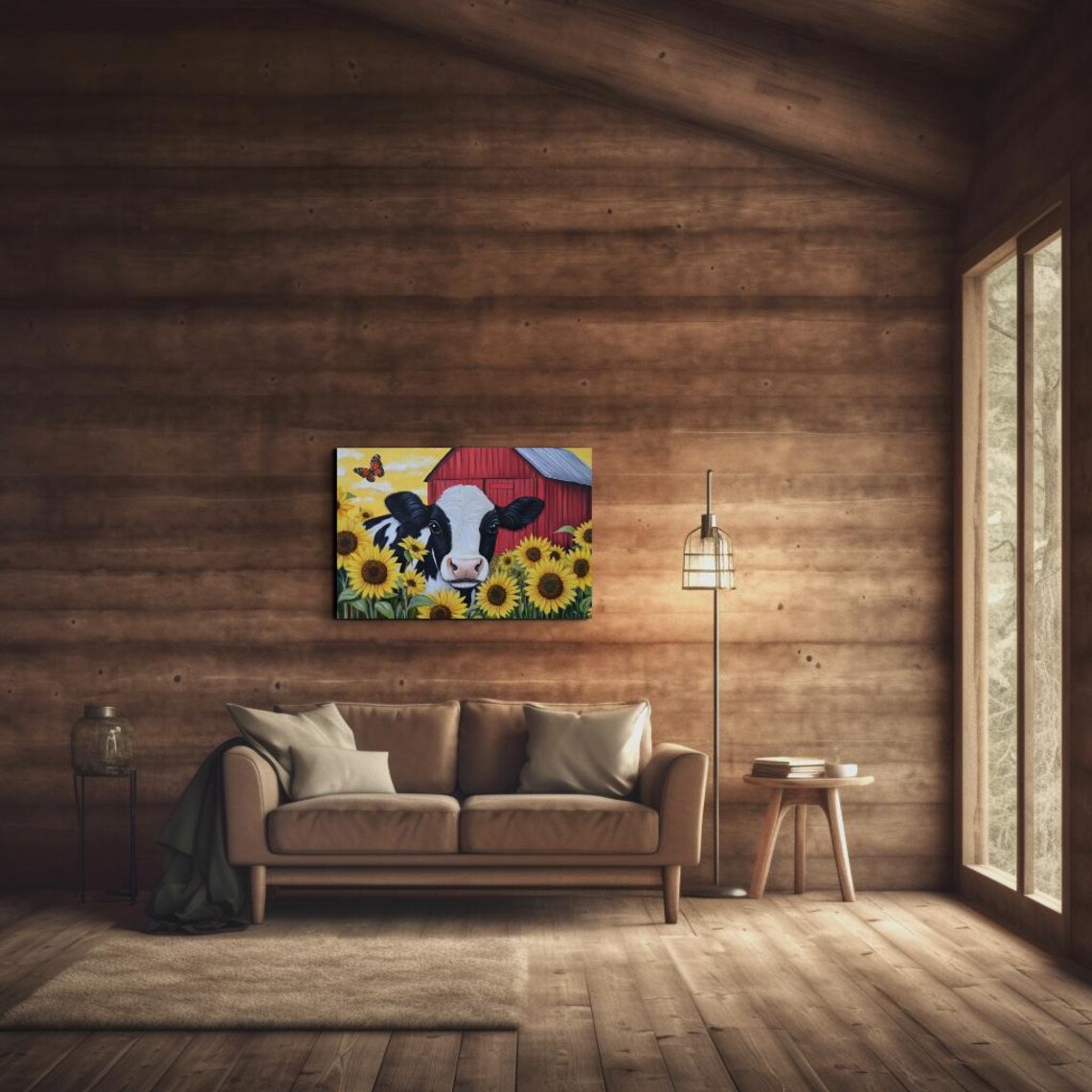 Black and White Cow Among Sunflowers Red Barn Country Poster - Image 5