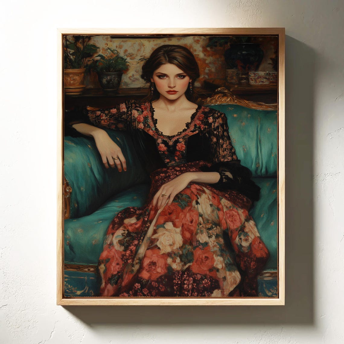 Elegant Victorian Portrait Vintage Oil Painting Of Woman In Floral Gown On Turquoise Sofa Romantic Antique Inspired Wall Art - Image 6