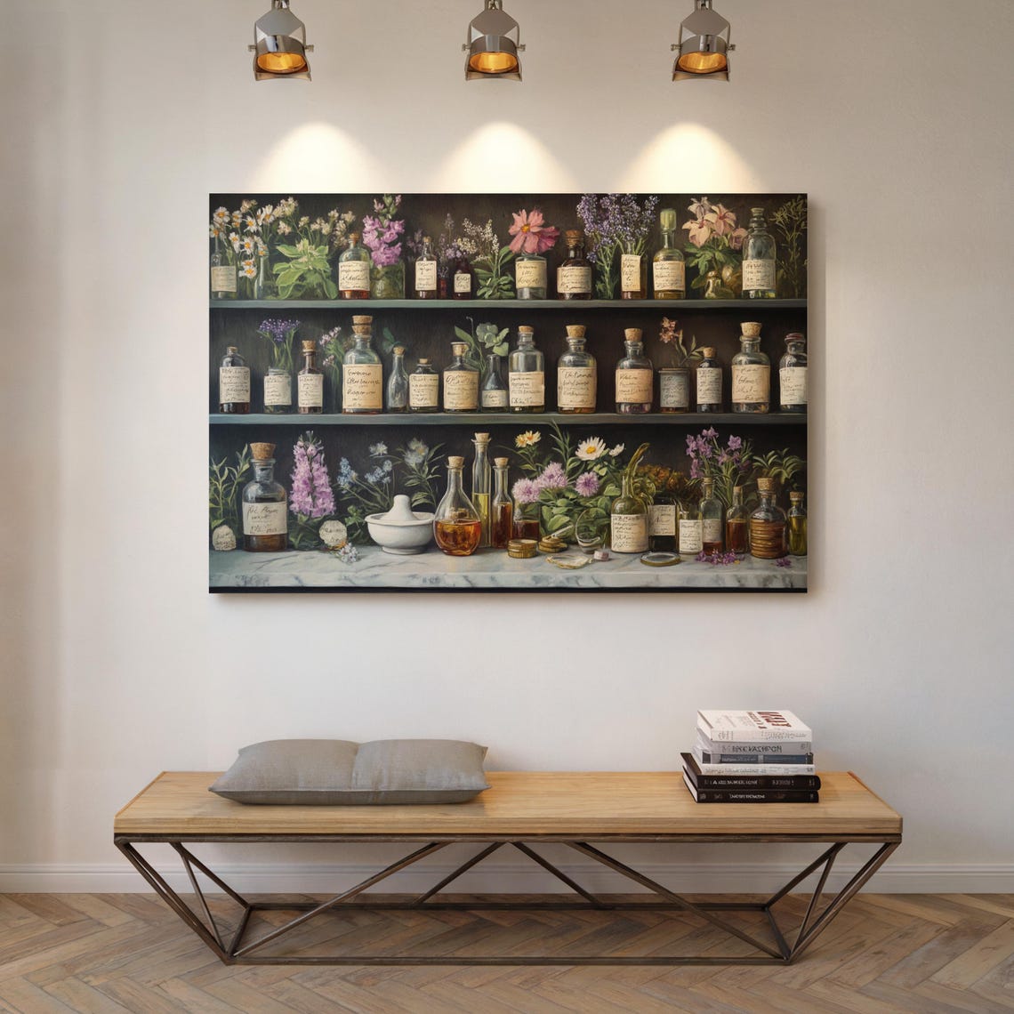 Vintage Apothecary Shelves Herbal Bottles Dark Botanical Art Poster - Image 2