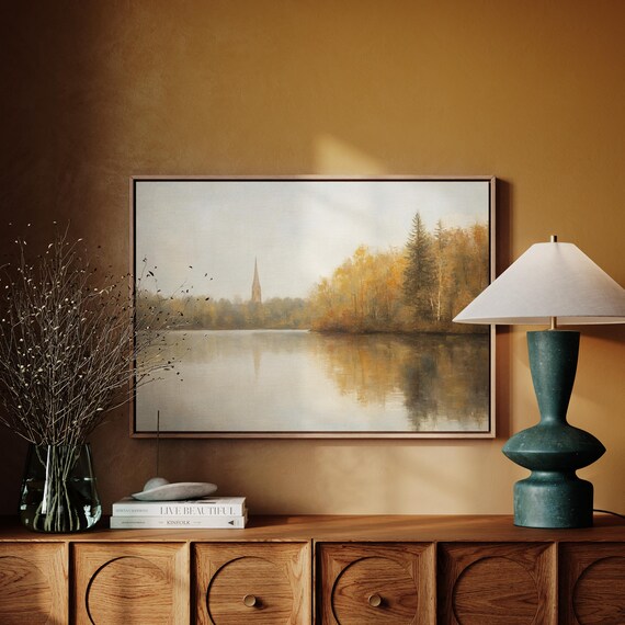 Autumn Church Reflection On Still Lake With Chapel Steeple Fall Scenic View Poster