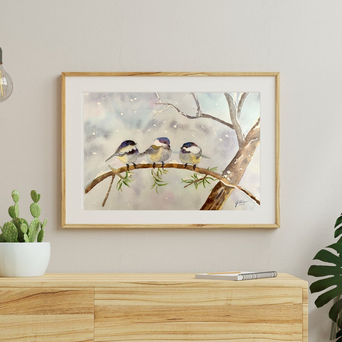 Three Chickadees on Snowy Branch in Falling Snow Watercolor Poster - Image 3