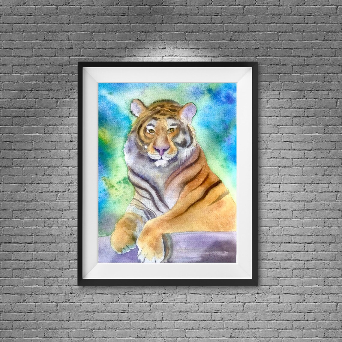 Majestic Tiger Resting Against a Blue Green Wash Watercolor Poster - Image 5