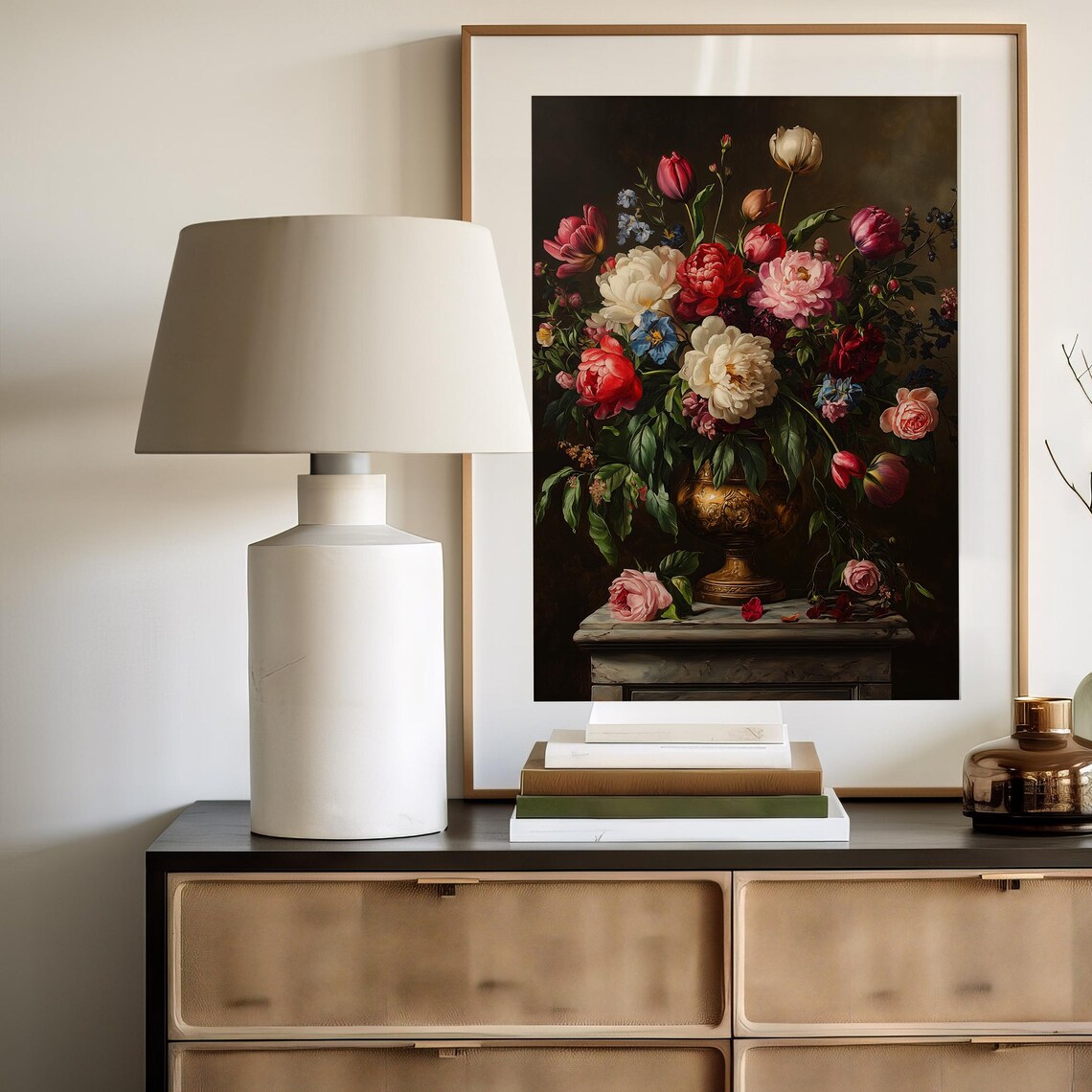 Baroque Dark Floral Still Life Peonies Roses Vintage Botanical Poster