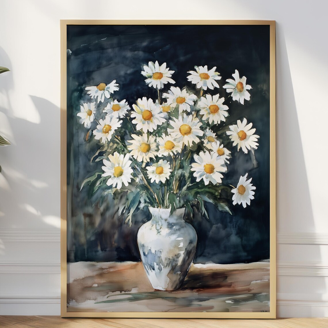 Watercolor Daisies Bouquet In Ceramic Vase Navy Floral Poster