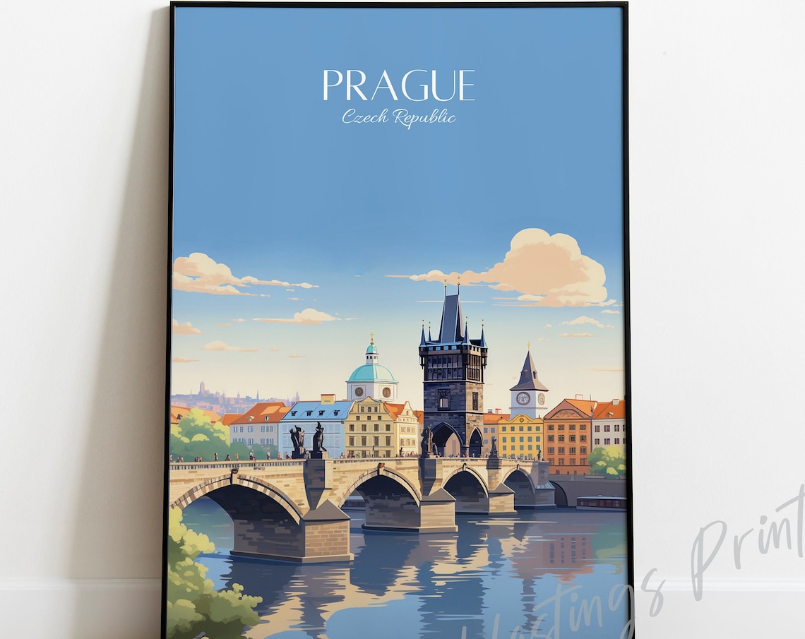 Prague Czech Republic Charles Bridge Vintage Travel Poster River Art