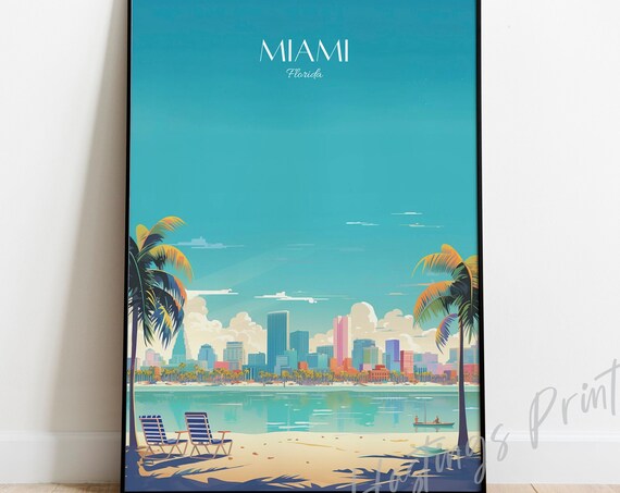 Miami Florida Travel Poster Beach Palms Skyline Ocean Vintage City Art