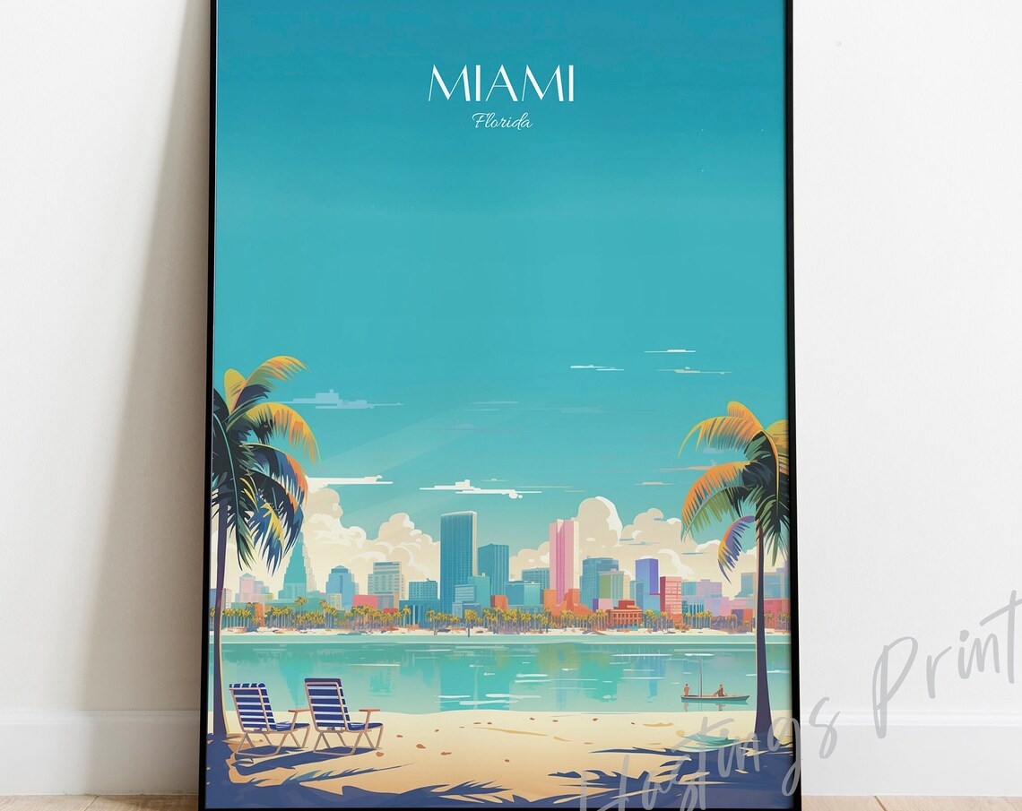 Miami Florida Travel Poster Beach Palms Skyline Ocean Vintage City Art