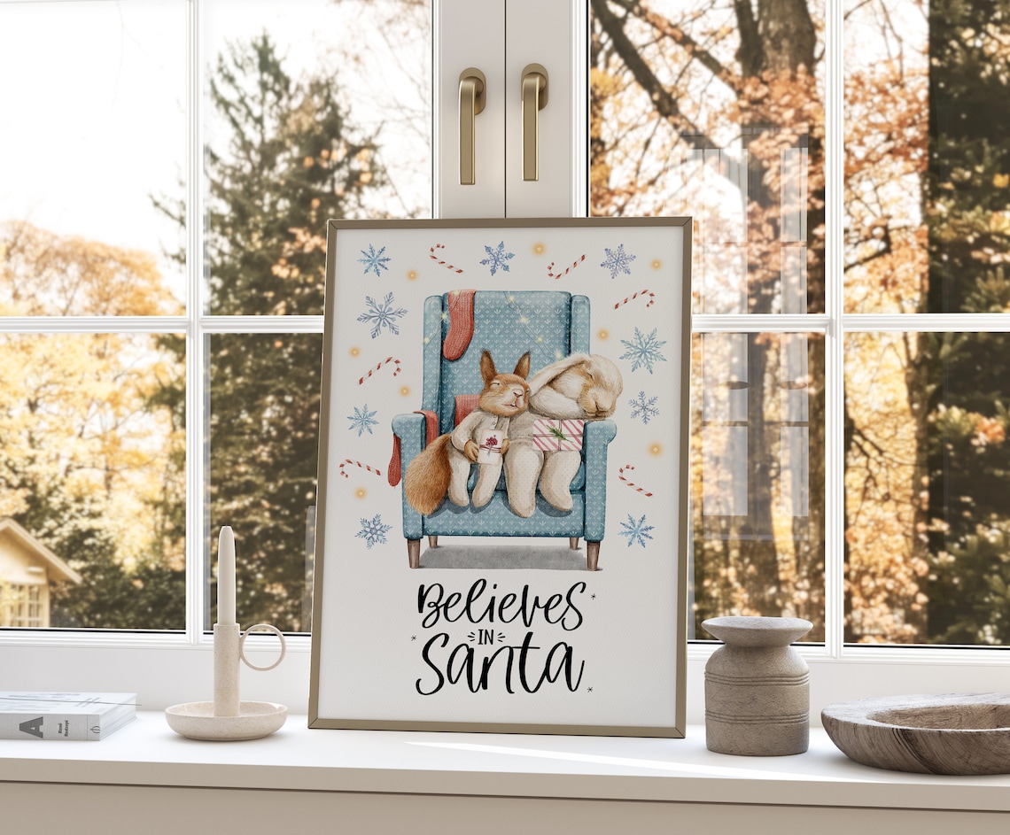 Believes in Santa Bunnies Christmas Armchair Snowflake Holiday Poster - Image 4