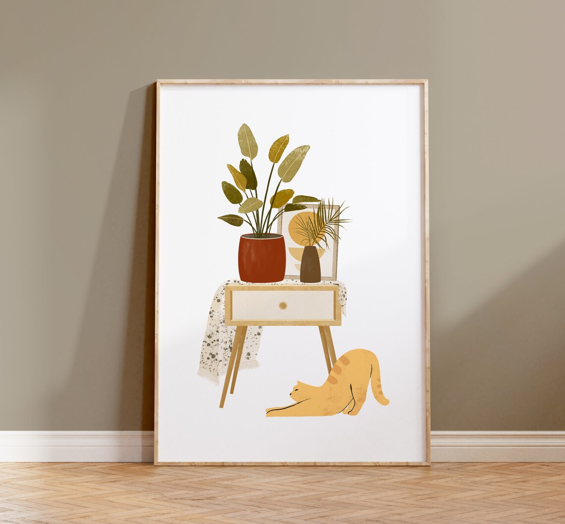 Boho Cat And Plant Illustration Art Print