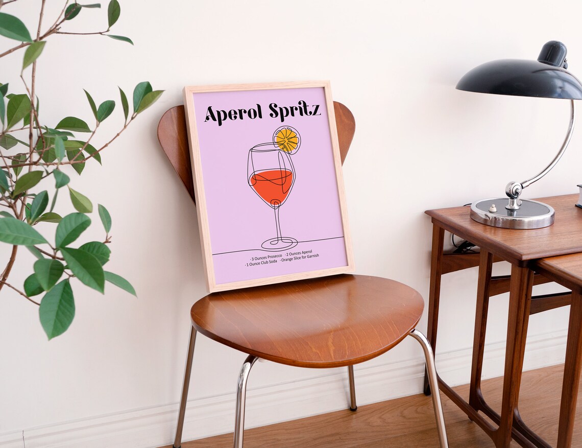 Aperol Spritz Cocktail Recipe Line Art Lavender Kitchen Bar Poster - Image 4