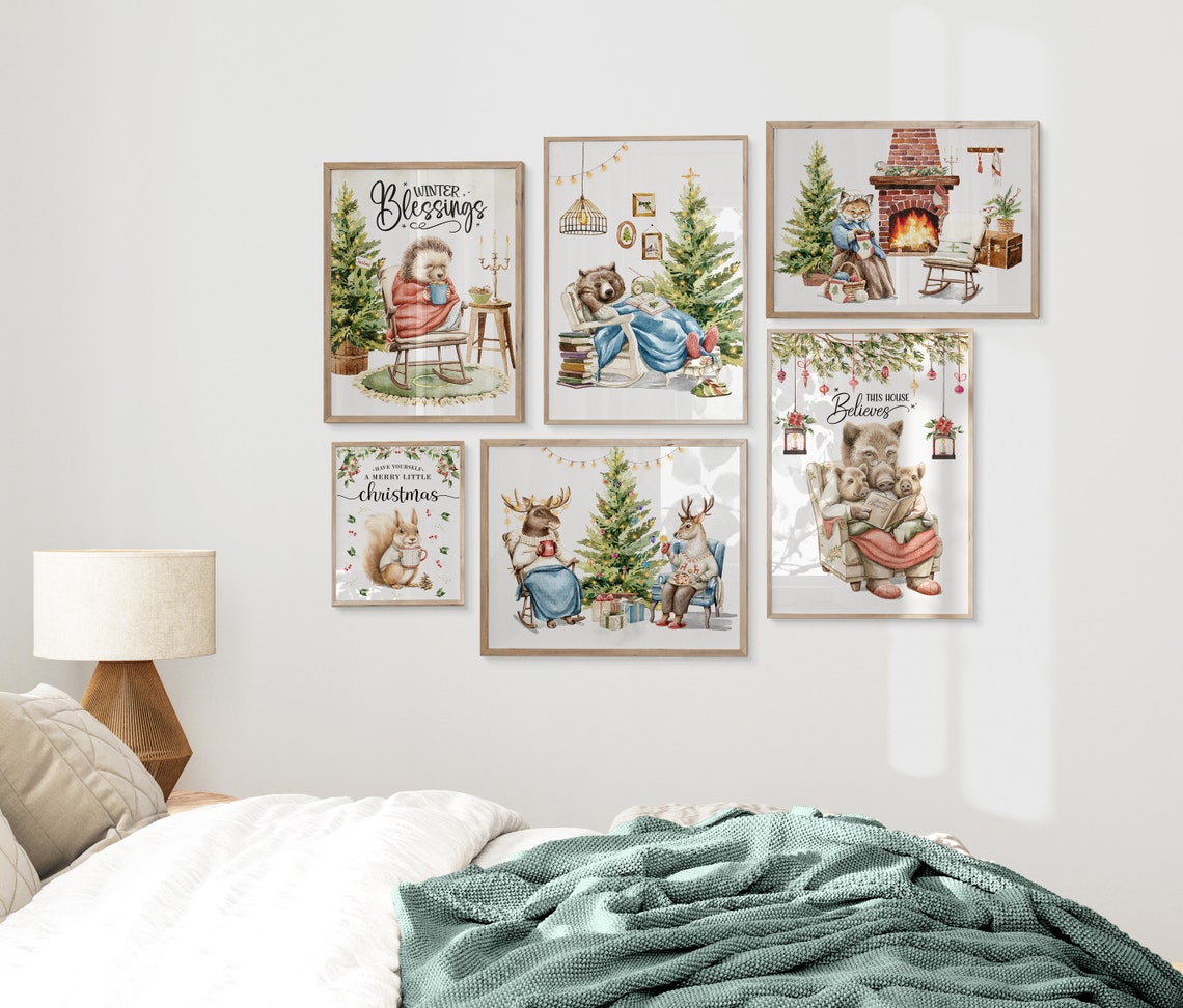 Grandma Cat Knitting By Brick Fireplace Christmas Watercolor Poster - Image 2