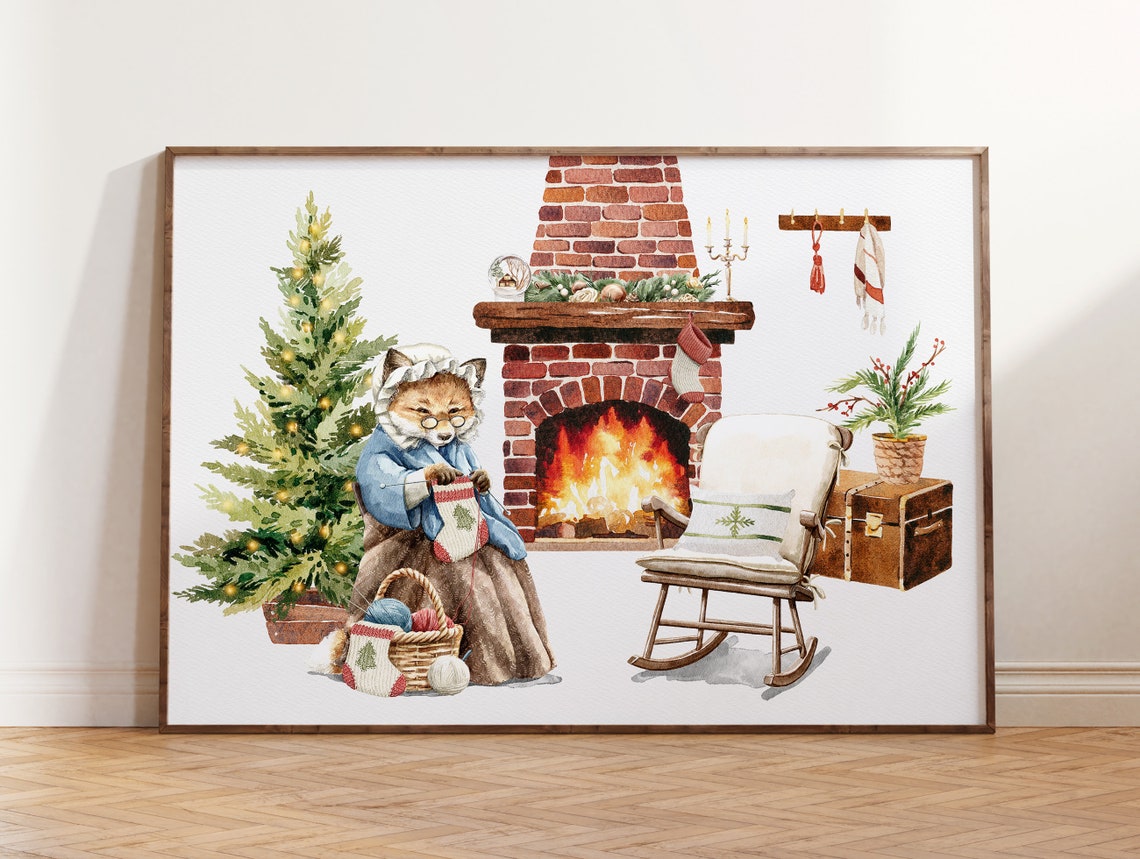 Grandma Cat Knitting By Brick Fireplace Christmas Watercolor Poster