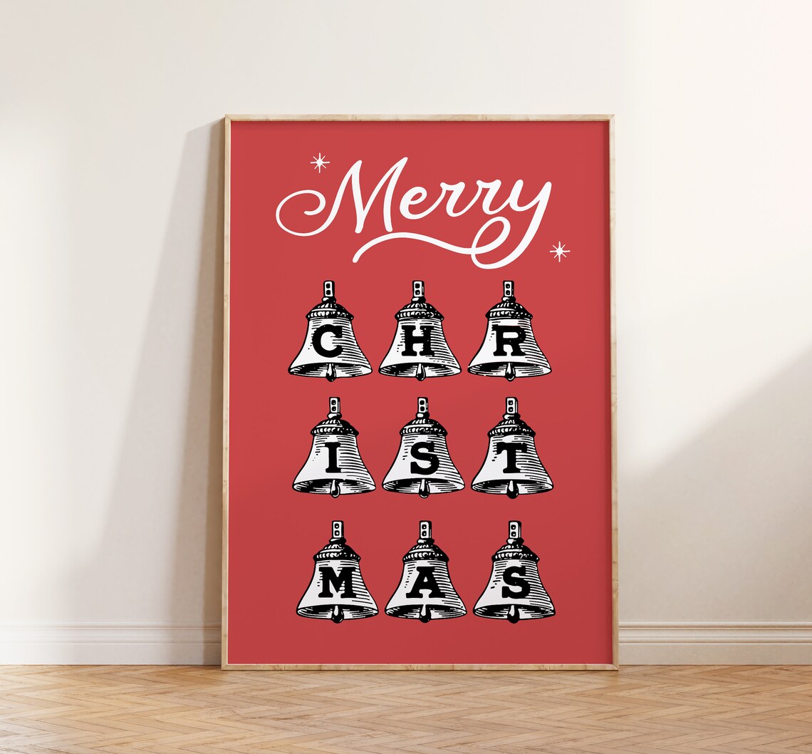 Merry Christmas Letter Bells Red Vintage Holiday Greeting Wall Art