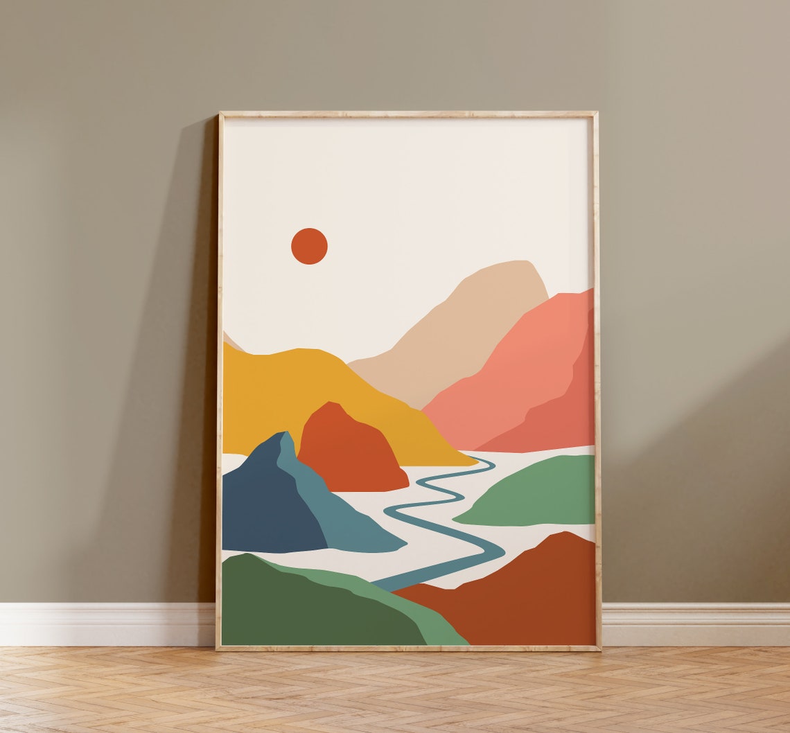 Winding River Valley Hills Sun Boho Abstract Landscape Art Print