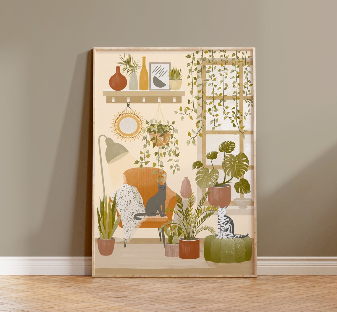 Cats and House Plants Boho Cat Art Print