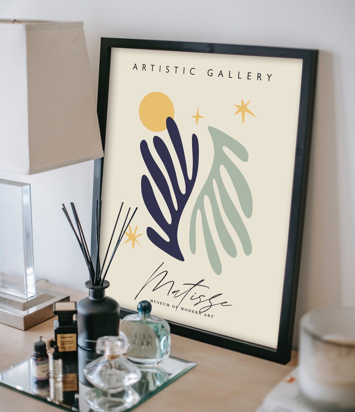 Matisse Navy Sage Coral Leaf Abstract Exhibition Gallery Art Poster - Image 2