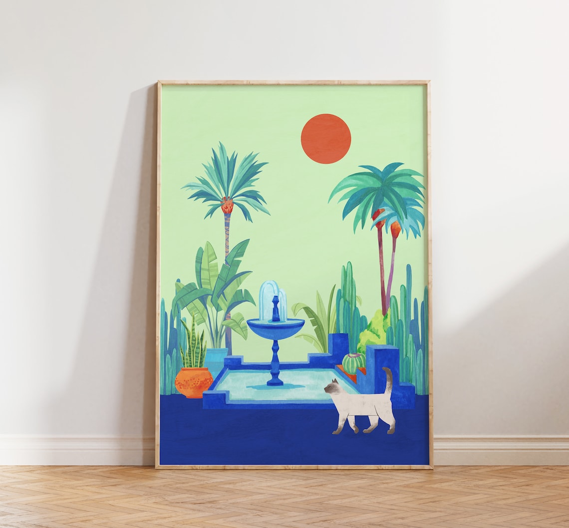 Tropical Plant And Cat Art Print, Botanical Decor