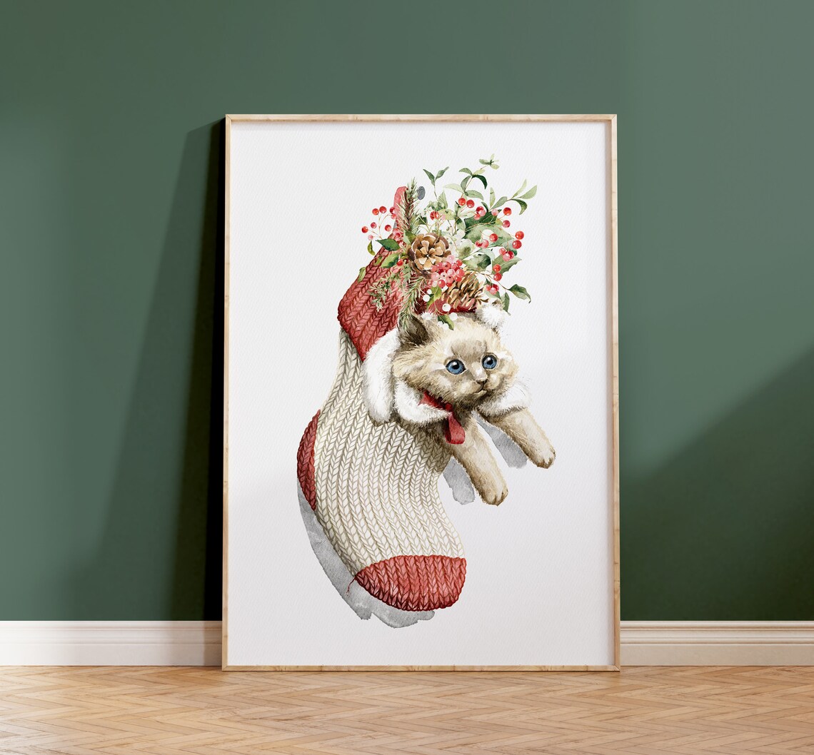 Blue Eyed Kitten Peeking From Knitted Christmas Stocking Poster