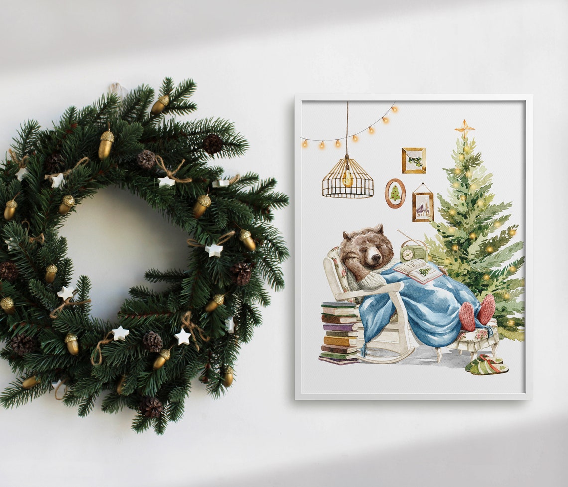 Sleepy Brown Bear Napping By Christmas Tree Watercolor Wall Art - Image 4