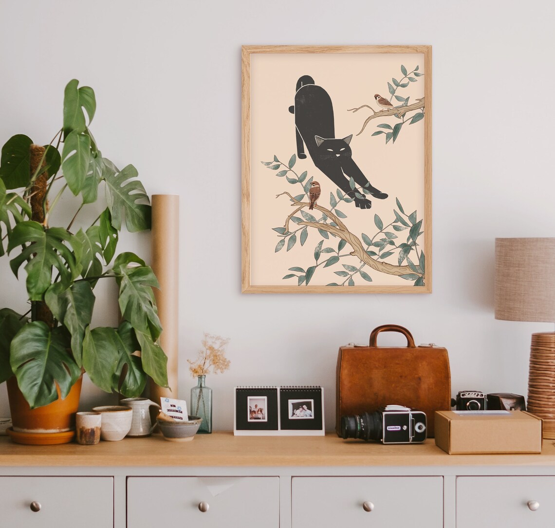 Stretching Black Cat and Birds Art Print - Image 3