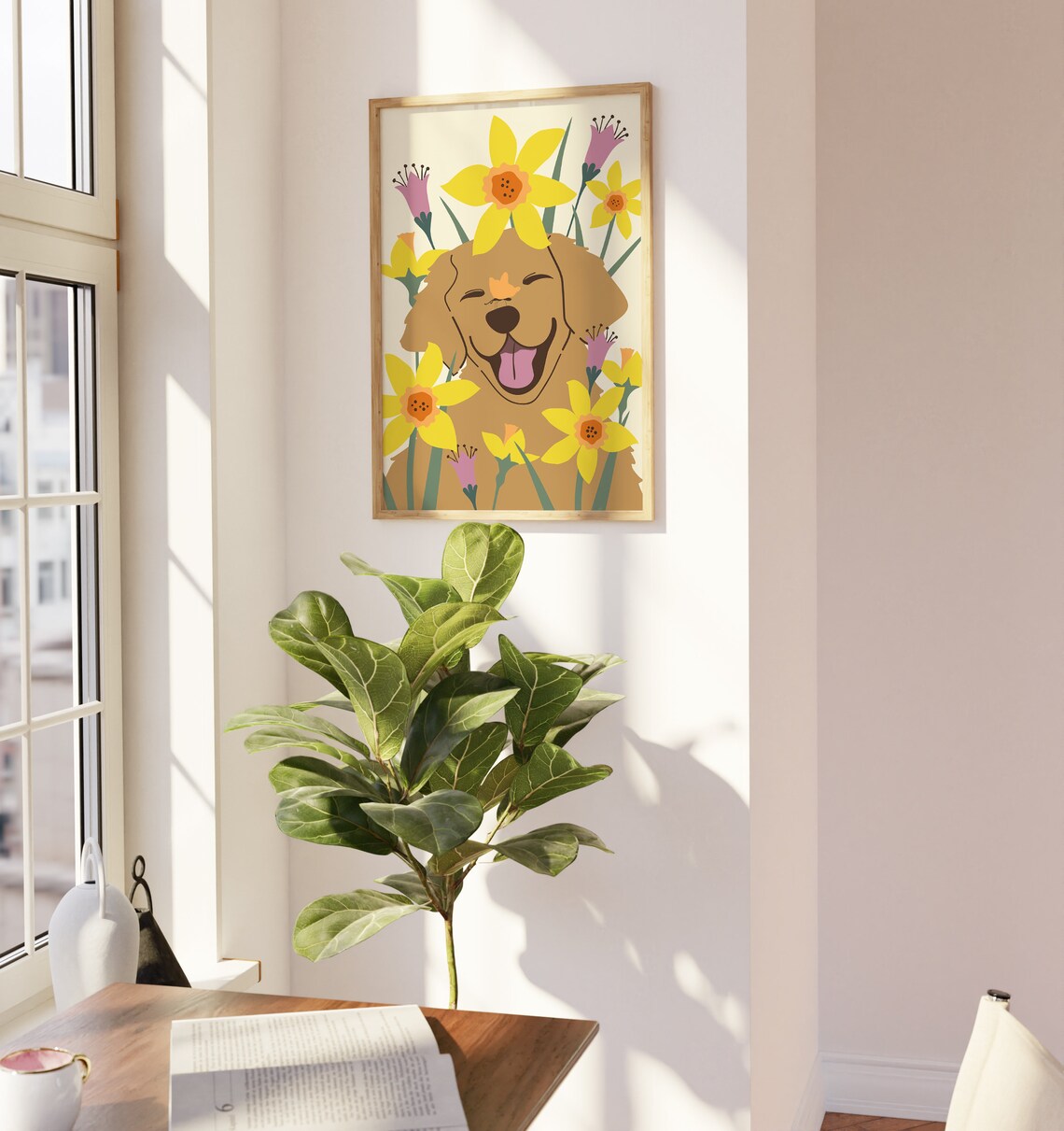 Golden Retriever Daffodil Flowers Happy Dog Smile Floral Art Poster - Image 2