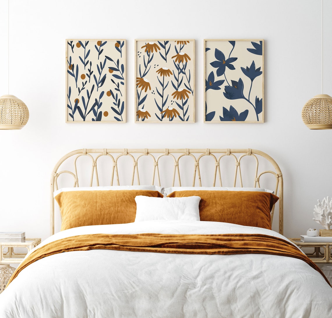 Navy Mustard Botanical Flower Three Panel Minimalist Gallery Poster - Image 3