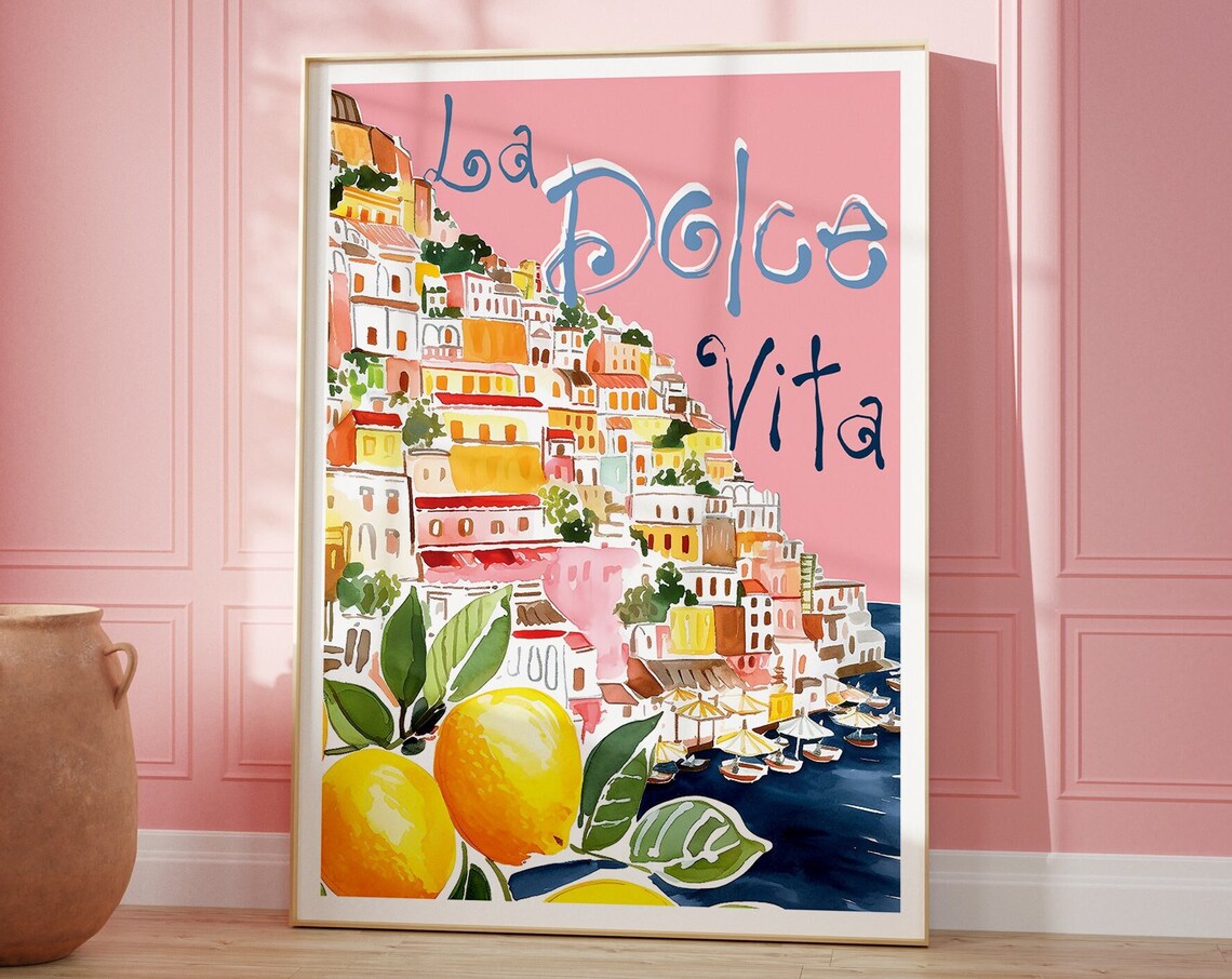 La Dolce Vita Positano Coast Poster Pink Watercolor Italy Lemon Travel