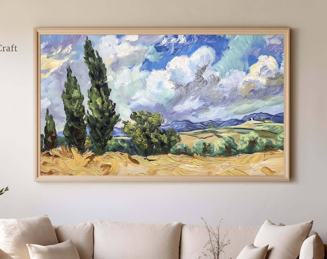 Cypress Trees Golden Wheat Field Van Gogh Style Swirling Sky Poster - Image 8