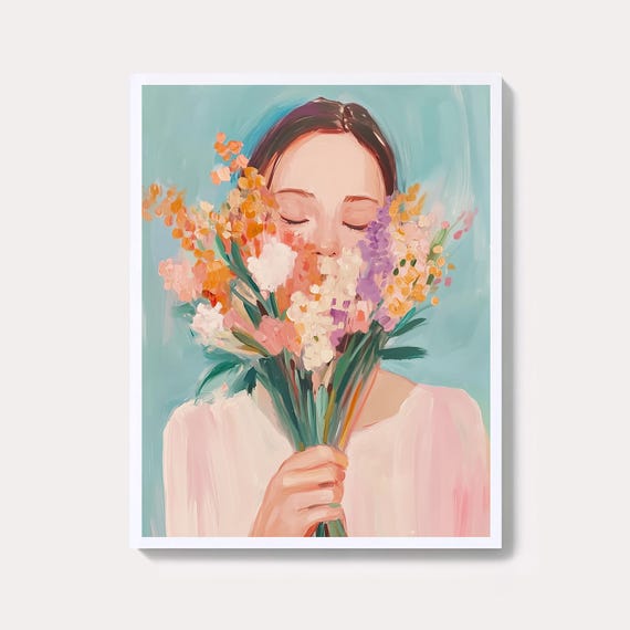 Emerald Green Japandi Woman Art Print Abstract Floral Portrait