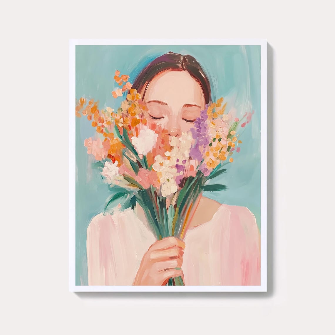 Emerald Green Japandi Woman Art Print Abstract Floral Portrait
